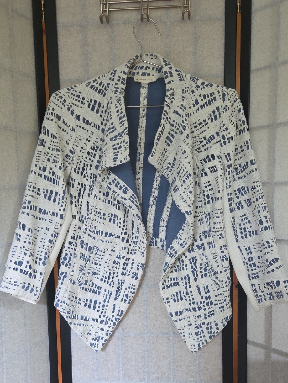 Open-Front Navy and Cream Patterned Draped Jacket
